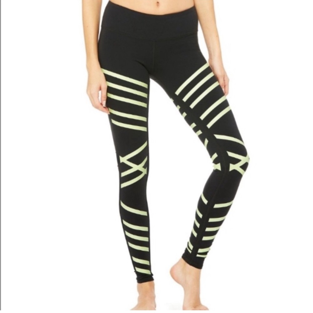 ALO Yoga Black and Yellow Glow in the Dark Striped Leggings